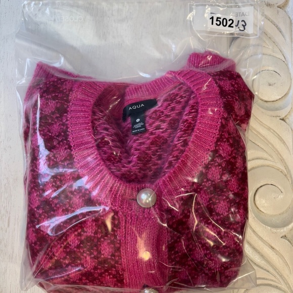 Aqua Faux Imitiation Pearl Preppy Knit Cardigan Pink Red Plaid Check Old Money - Picture 8 of 8